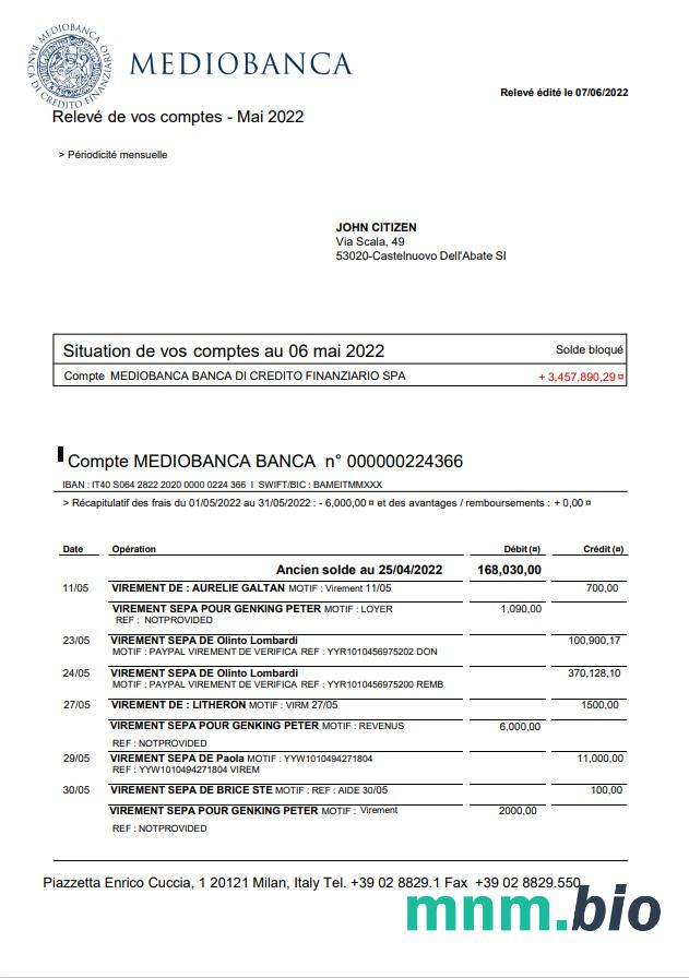 Italy Intesa Sanpaolo Bank statement template w formacie Word i PDF
